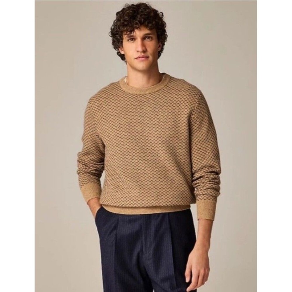 NWT J.Crew Men’s Rugged Merino Wool Blend Toffee Brown Bird’s Eye Sweater XXL